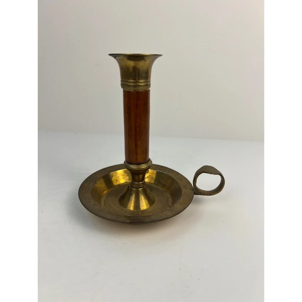 Vintage Brass Wood Candlestick Holders Finger Ring 4.25